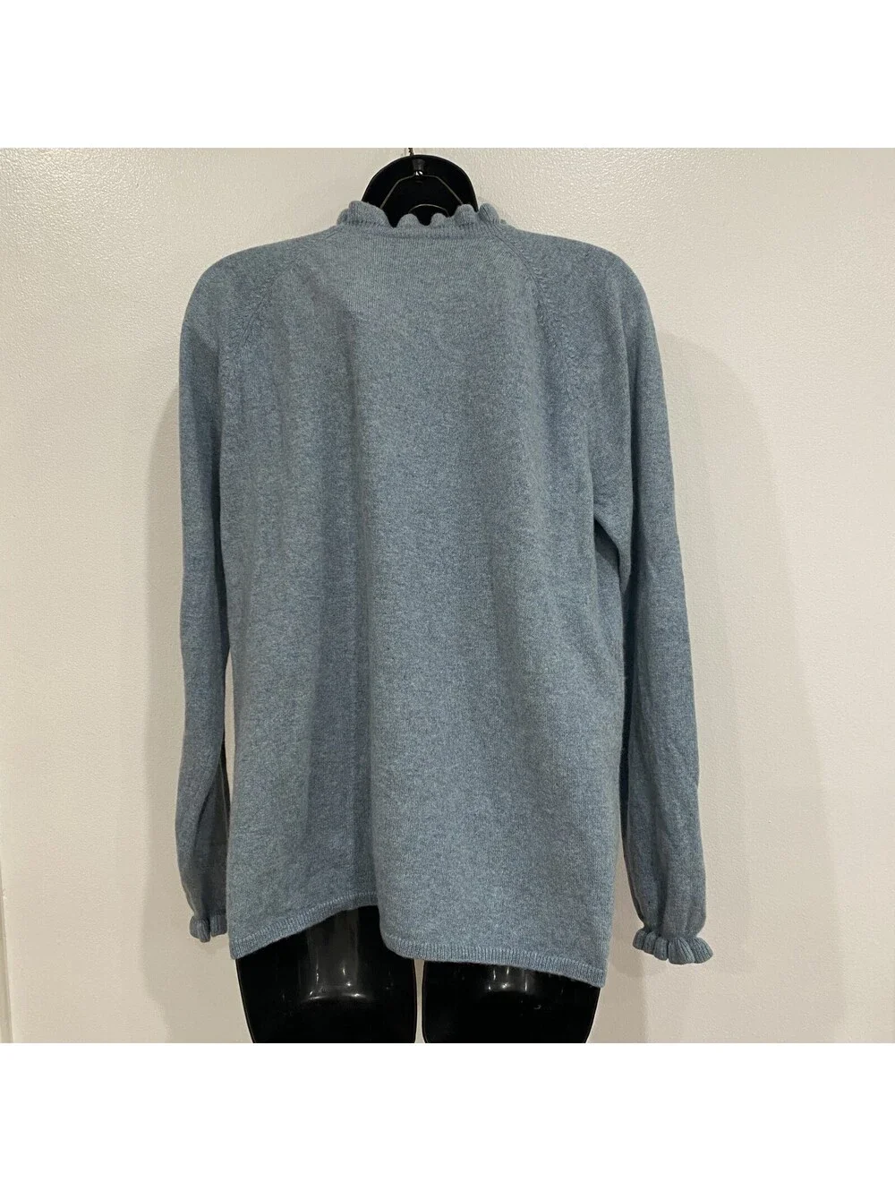 Garnet Hill Size L Blue 100% Cashmere Sweater Ruffle Mock Neck Cozy Classic